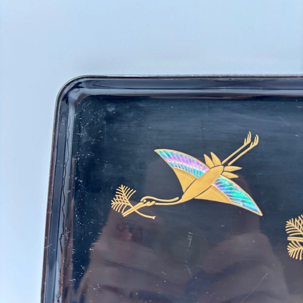 Zohiko Black‎ Lacquer Tray Gold Crane Japanese Mother of Pearl Inlay 6.75x4.5